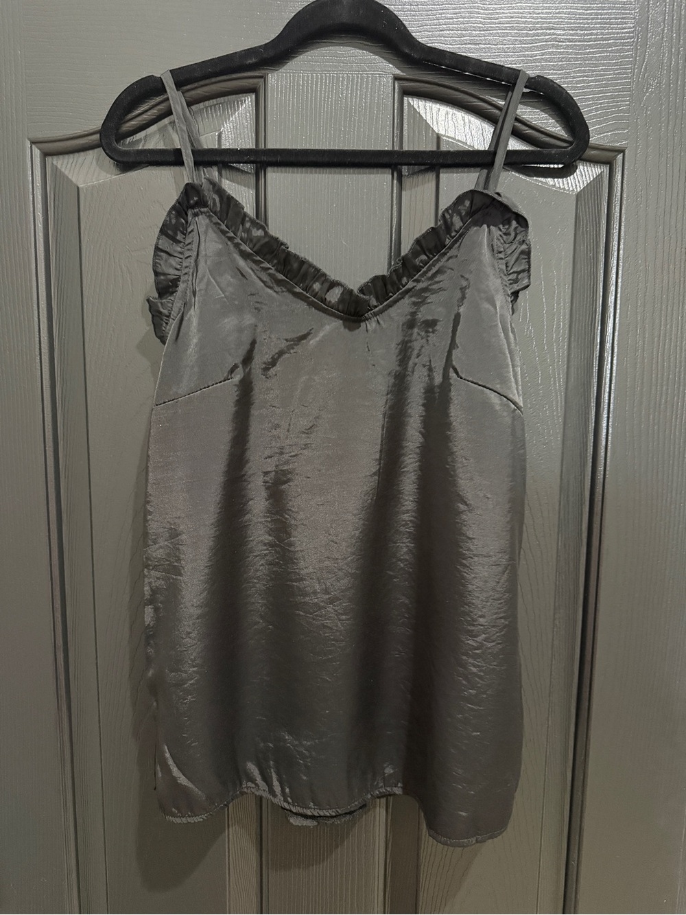 Amazon Satin Ruffle V-Neck Chemise Tank - Black